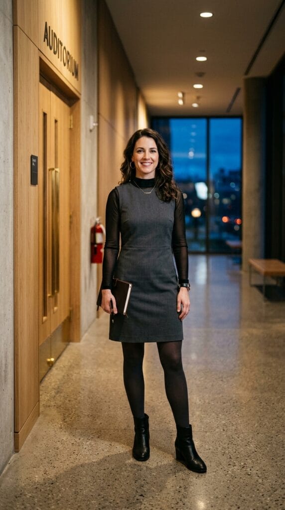 Your Classroom Wardrobe for Autumn: Fall Teacher Outfits Beyond Week One 8 A teacher wearing a grey crepe shift dress over a black mesh top.