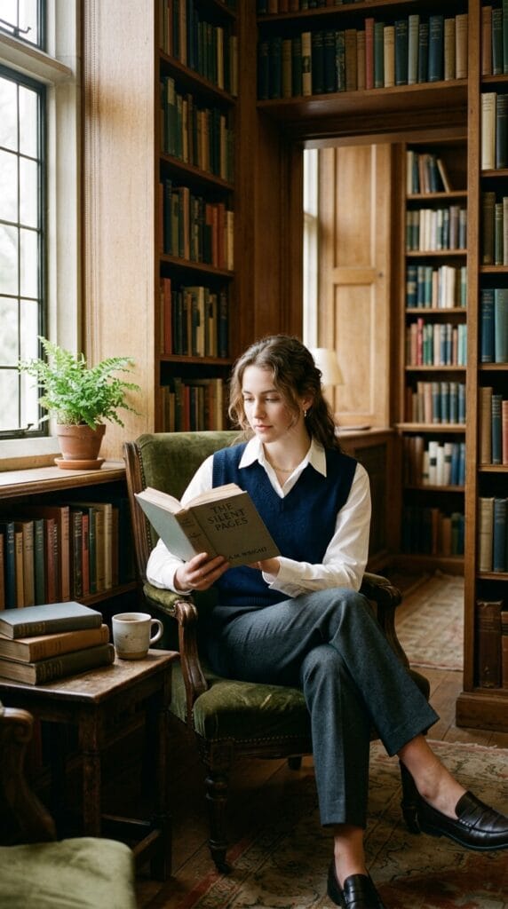 Woman wearing a structured white cotton poplin shirt under a navy sweater vest.