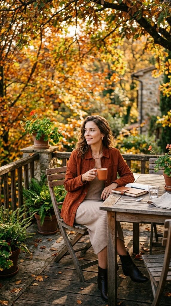 Woman wearing a rust suede jacket over a knit slip dress outdoors.