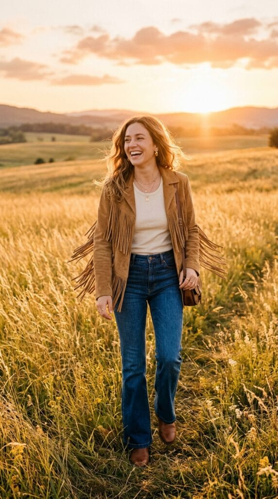 Woman wearing a tan suede fringe jacket and dark flare denim in a meadow.