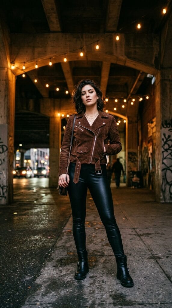 Woman wearing a suede moto jacket with high-waist leather-look leggings at night.