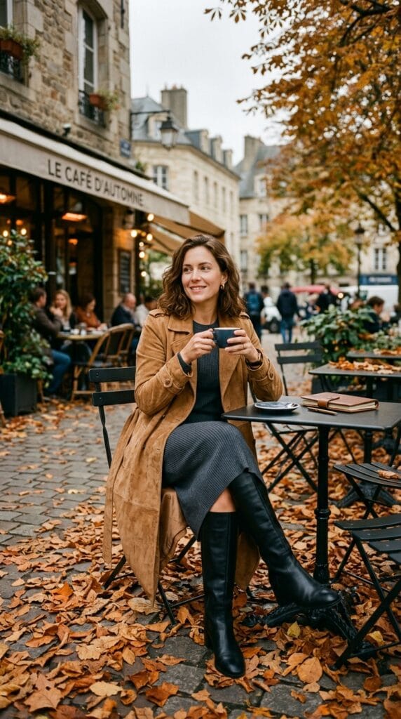 Woman wearing a tan suede trench coat over a ribbed knit midi dress.