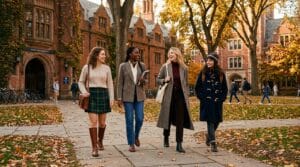 Multiple women wearing classic preppy autumn outfits on a historic college campus.