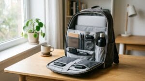 Open backpack showing a structured fabric insert dividing items into neat sections.