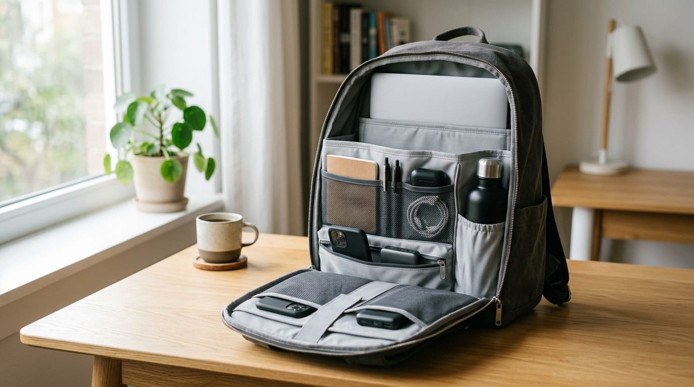 Open backpack showing a structured fabric insert dividing items into neat sections.