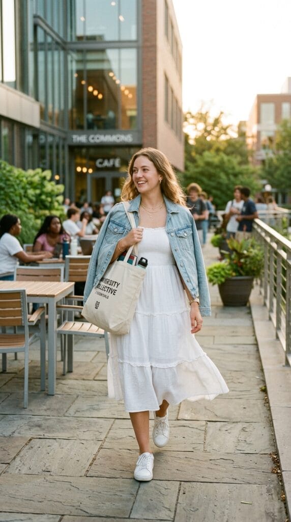 Cute School Outfits for Summer: From Homeroom to After-School Plans 9 Model in a white tiered cotton midi dress with a denim jacket on campus.