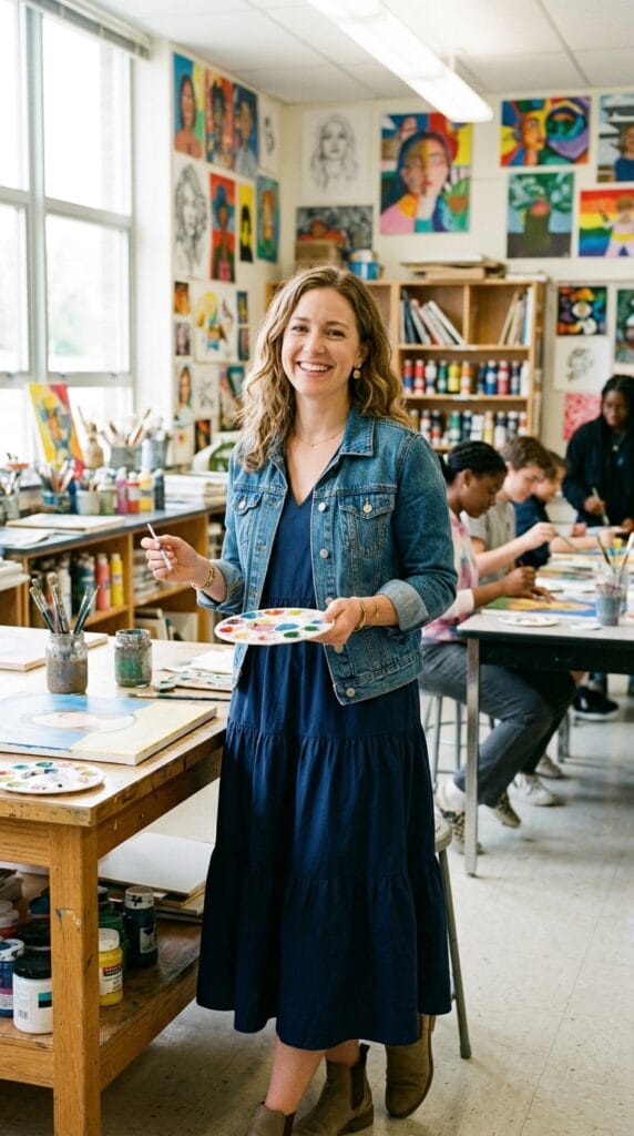 Your Classroom Wardrobe for Autumn: Fall Teacher Outfits Beyond Week One 7 A teacher in a blue denim jacket and tiered navy cotton dress.