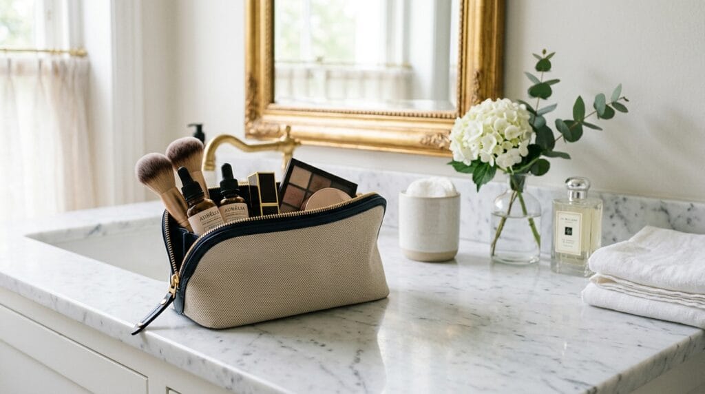 Zippered cosmetic organizer bag resting on a clean white marble bathroom vanity.