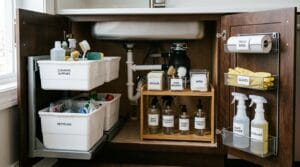 Open under-sink cabinet showing multiple neatly arranged organizing products in natural daylight.