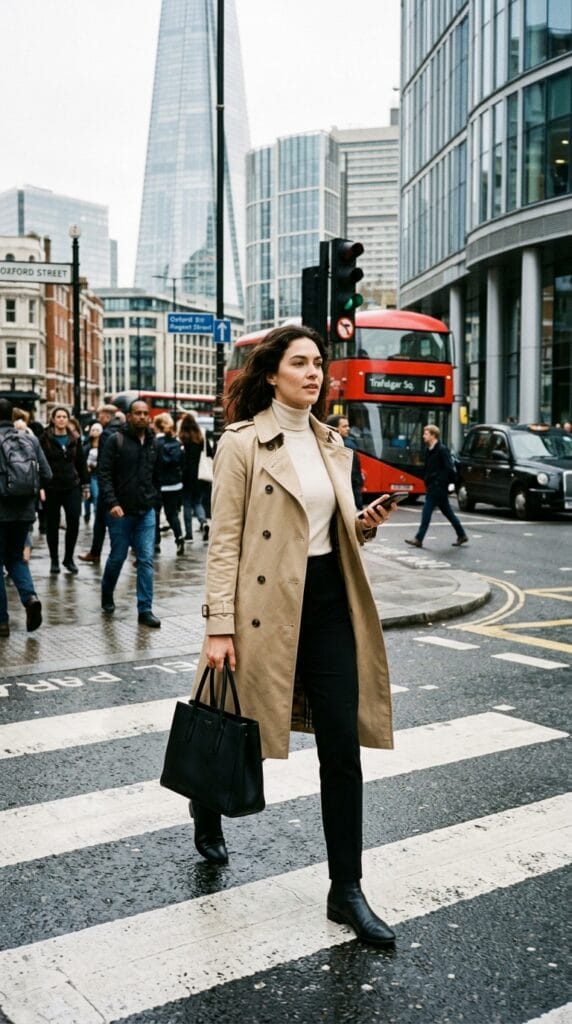 Woman wearing a beige twill trench coat walking through a city intersection.