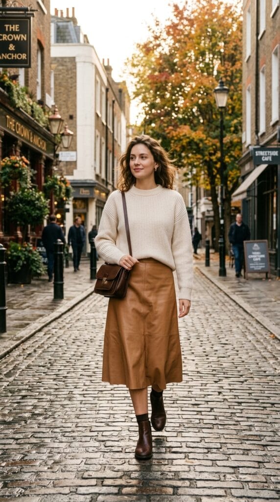 Woman wearing a cream sweater and tan leather skirt on a historic city street.