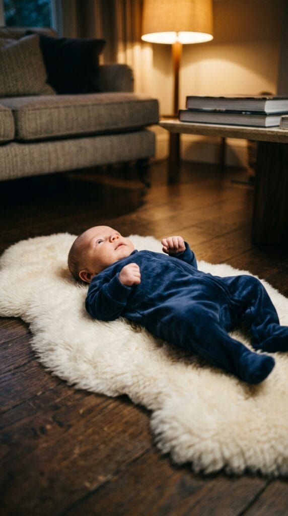 Newborn on sheepskin rug wearing a navy blue velour footed sleeper outfit.