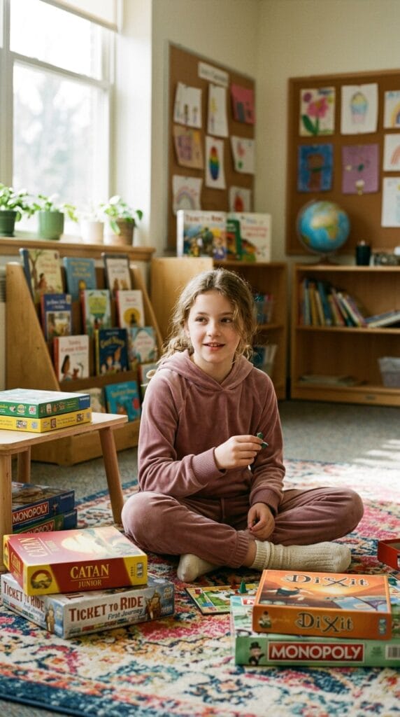 Fall School Style for Tweens: Cute Outfits for Younger Girls 20 Preteen wearing a dusty rose velour tracksuit sitting on a classroom rug.