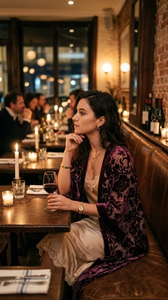 Plum velvet floral burnout kimono draped over a champagne silk slip dress.