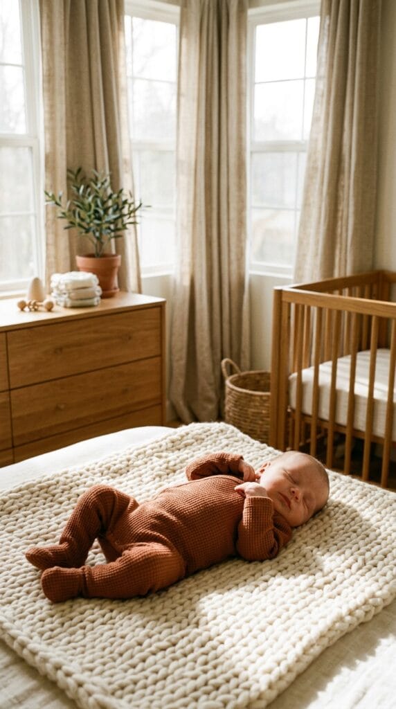 Newborn baby sleeping on cream blanket wearing rust-colored waffle knit bodysuit and footed leggings.