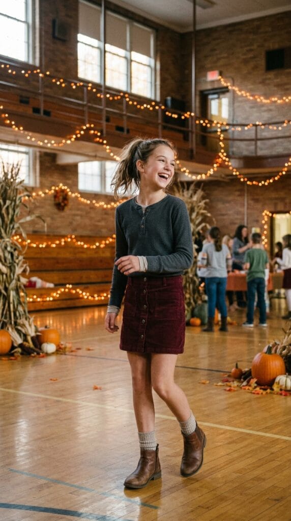 Fall School Style for Tweens: Cute Outfits for Younger Girls 12 Preteen girl in a waffle-knit Henley and burgundy corduroy skirt.