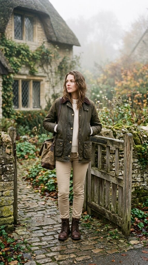 Woman wearing an olive waxed cotton utility jacket and beige chinos.