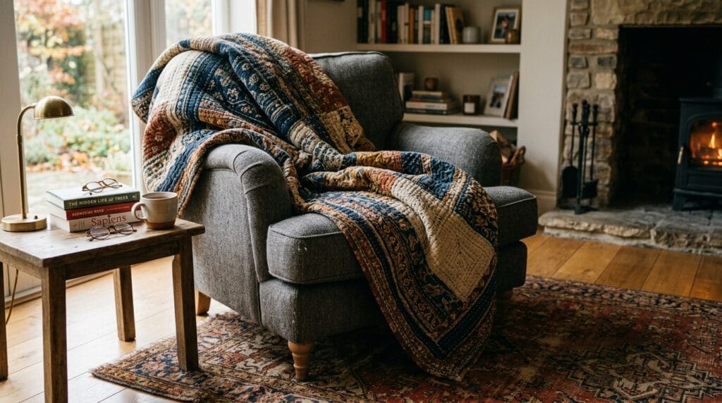 Cozy heavy quilted blanket neatly folded on a modern grey armchair in daylight.