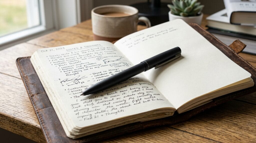 Sleek matte black metal pen lying on a textured white paper journal.