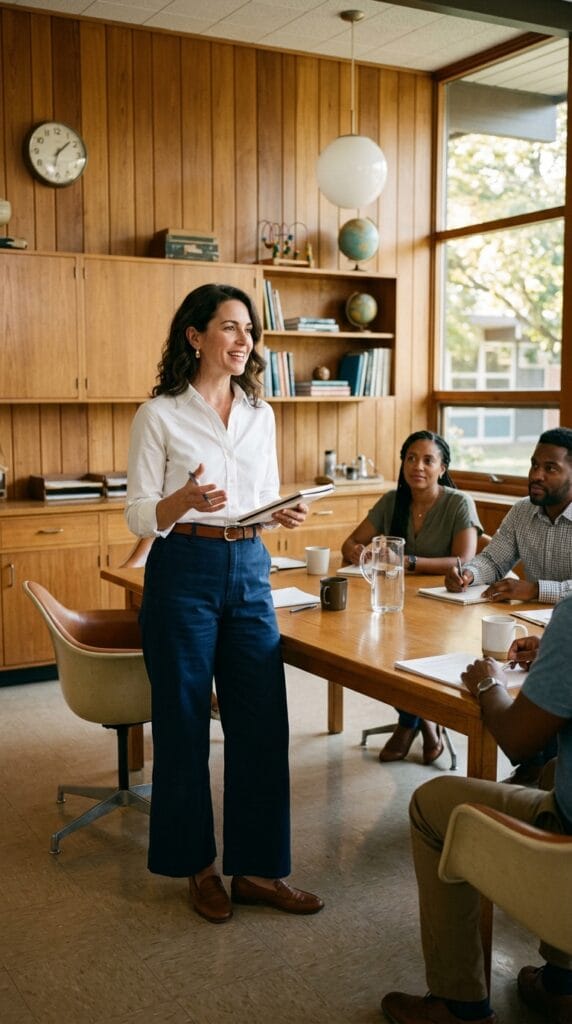 Your Classroom Wardrobe for Autumn: Fall Teacher Outfits Beyond Week One 3 A professional teacher wearing navy wide-leg twill trousers and a white poplin shirt.