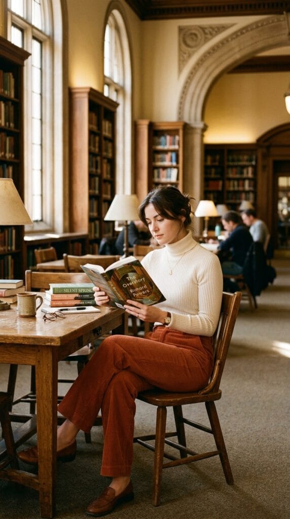Woman wearing wide-wale corduroy pants with a fitted turtleneck in a library.