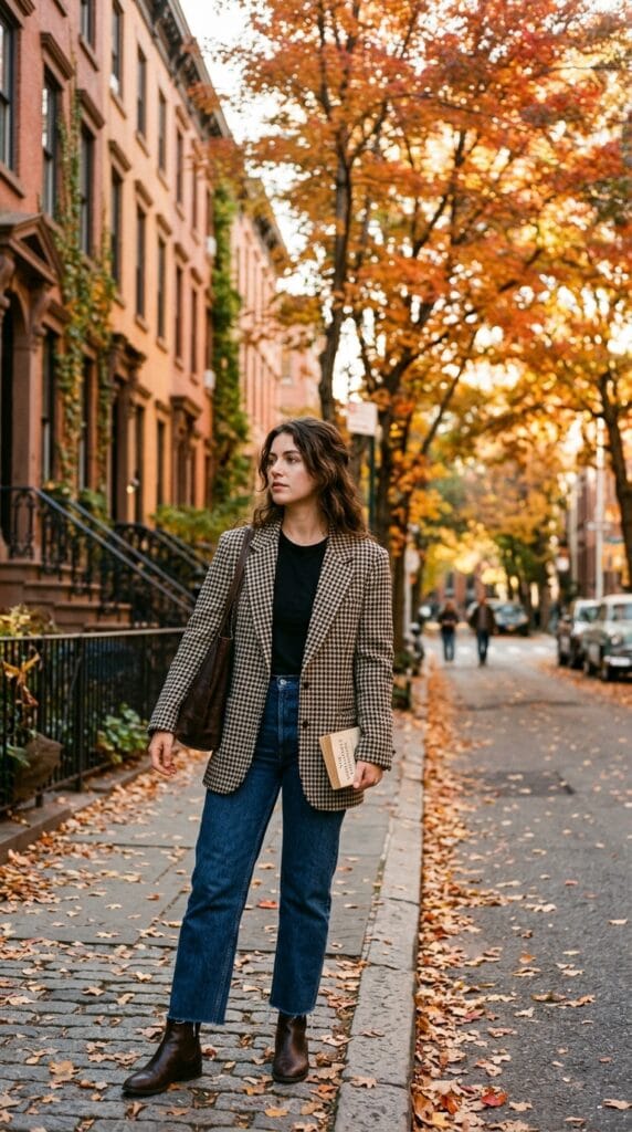 Woman styling an oversized wool-blend blazer with dark denim on a tree-lined street.