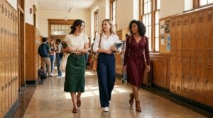 Three teachers wearing professional fall outfits stand in a modern school hallway.