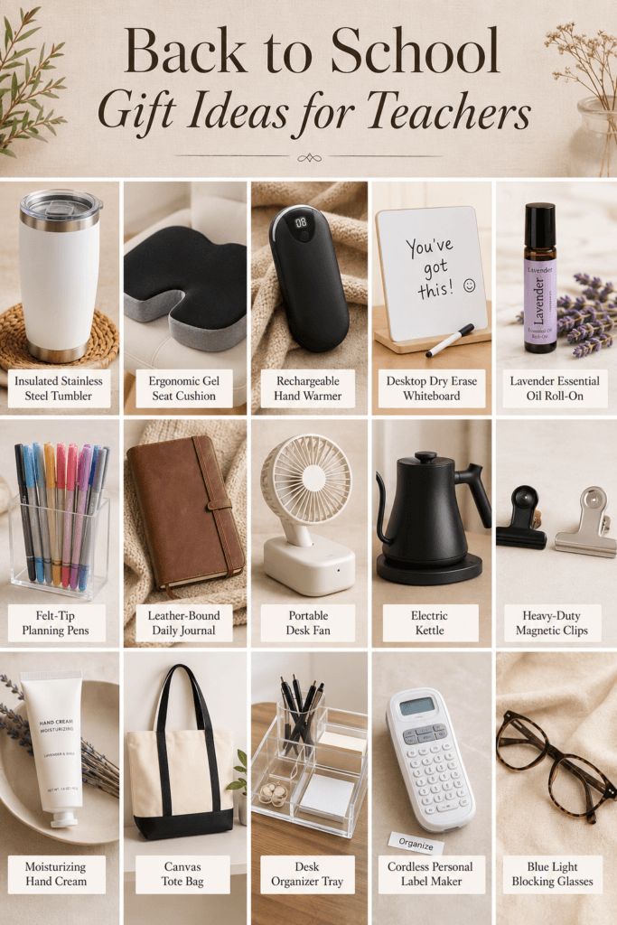 Collage of back-to-school teacher gifts including a tumbler, tote bag, and desk organizer tray.