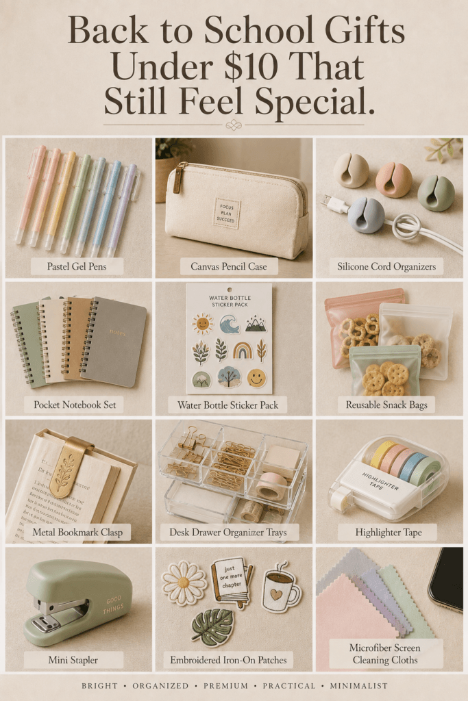 Back-to-School Gifts Under $10 That Still Feel Special 2 Colorful back-to-school gift essentials including pastel pens, canvas case, and pocket notebooks displayed together.