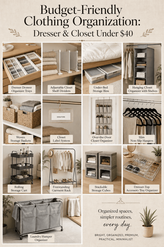Collection of budget dresser and closet organization products including trays, bins, baskets, and hangers