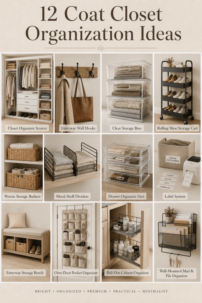 12 Coat Closet Organization Ideas for the Entryway 2 Collage of coat closet organization products, including shelving, hooks, bins, and a storage bench.