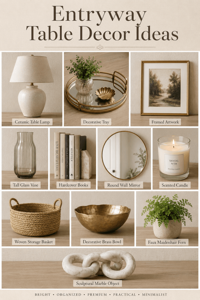 Entryway table decor ideas: how to style a console table 2 Entryway console table decor collage featuring a ceramic lamp, mirror, vase, and storage basket.