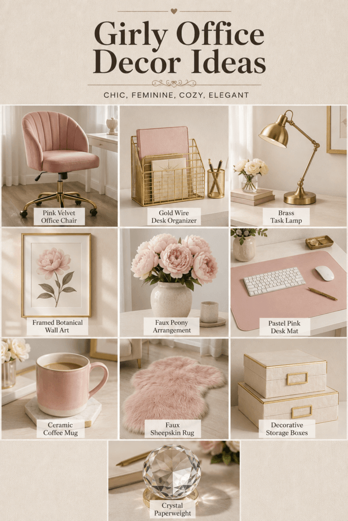 Girly Office Decor Ideas: Feminine, Chic, and Seriously Cute 2 Collage of feminine pink and gold home office decor including a velvet chair, desk organizer, and brass lamp.