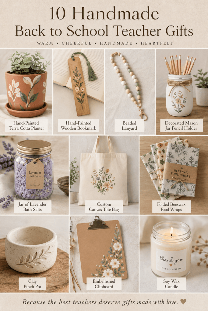 10 Handmade Back to School Teacher Gifts Kids Can Make at Home 2 A collage of handmade teacher gifts including a painted planter and beaded lanyard.