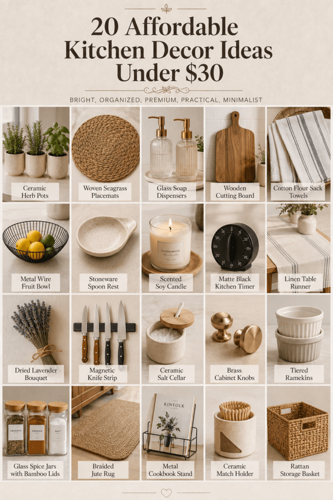 20 Affordable Kitchen Decor Ideas to Refresh Your Space Under $30 2 Collage of affordable kitchen decor items including ceramic herb pots, glass jars, and woven baskets.