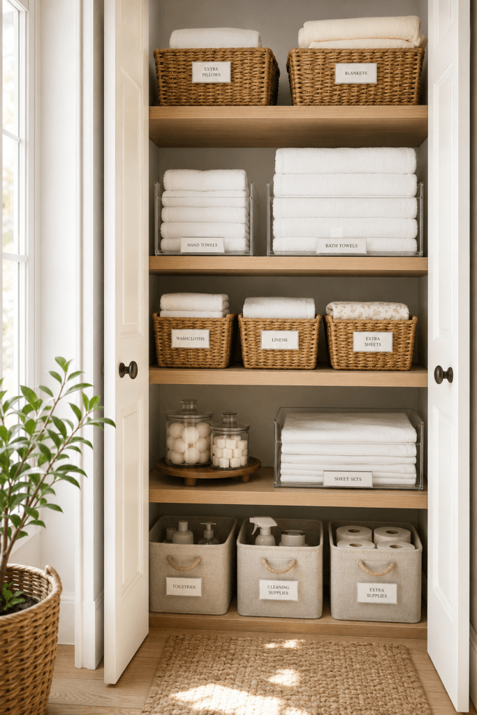 Collage of linen closet organizers including wire baskets, fabric bins, and shelf dividers.