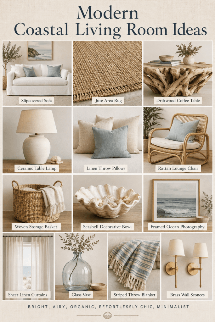 Modern coastal living room ideas: fresh, light, and effortlessly chic 2 A collage of modern coastal living room decor including a slipcovered sofa, jute rug, and rattan chair.