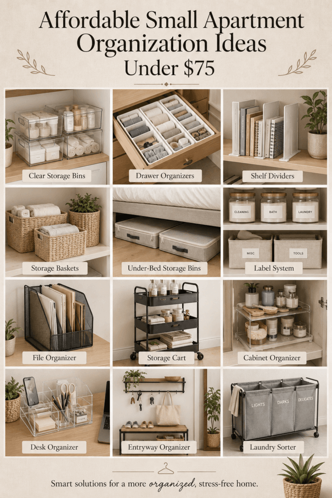 Collage of small apartment organization products including clear bins, storage carts, and entryway organizers.