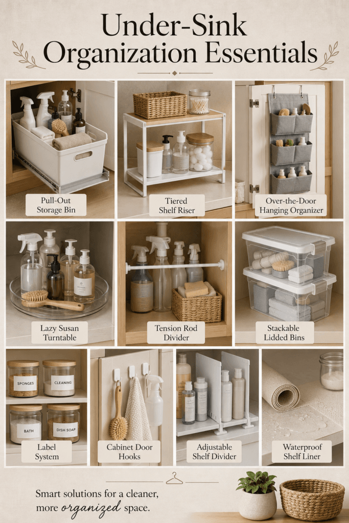 Top Under-Sink Organization Hacks Seen Online in 2026 2 Collage of ten under-sink organization products, including pull-out bins, tiered risers, and turntables.