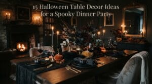 A moody, gothic-inspired dining tablescape set with dark dinnerware and brass candles.