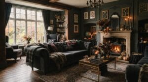 Elegant autumn living room styled with sophisticated black and orange seasonal decorations.