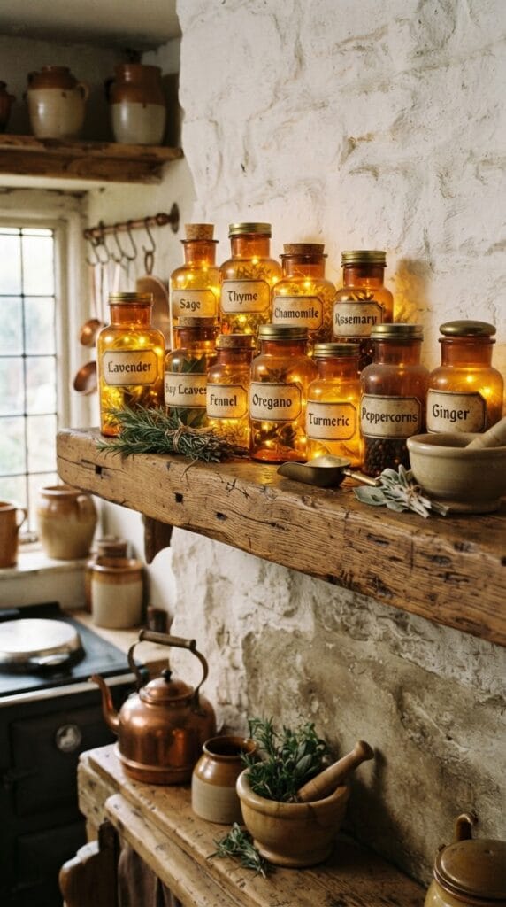 20 Halloween Decor 2026 Ideas for a Spooky Stylish Home 19 Three vintage amber glass apothecary jars arranged neatly on a rustic wooden shelf.