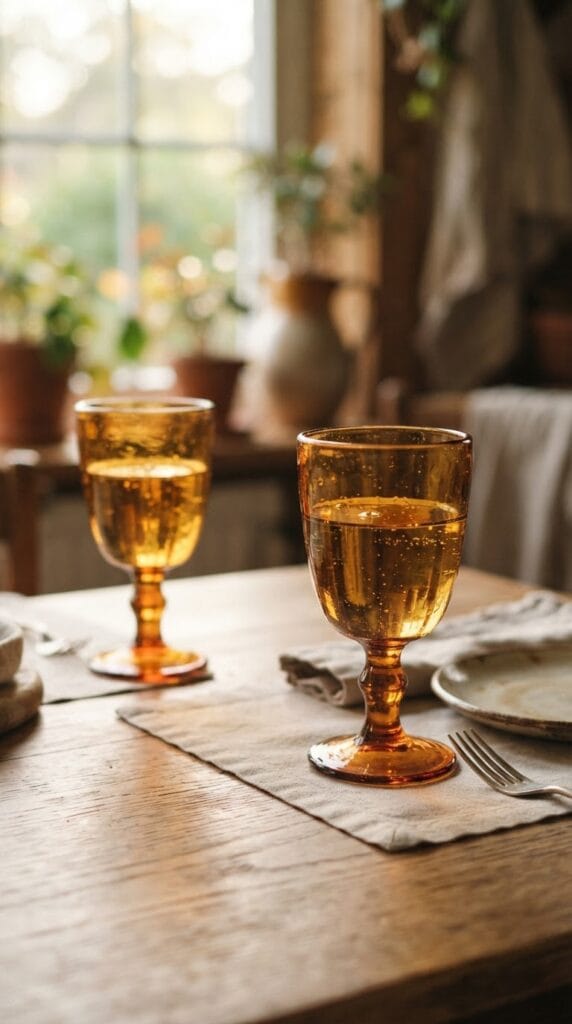Two vintage-inspired amber glass goblets catching golden sunlight on a styled dining table.