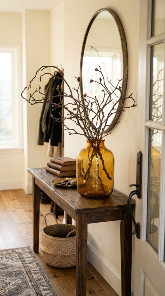 An amber glass vase holding bare branches on a wooden entryway console table.