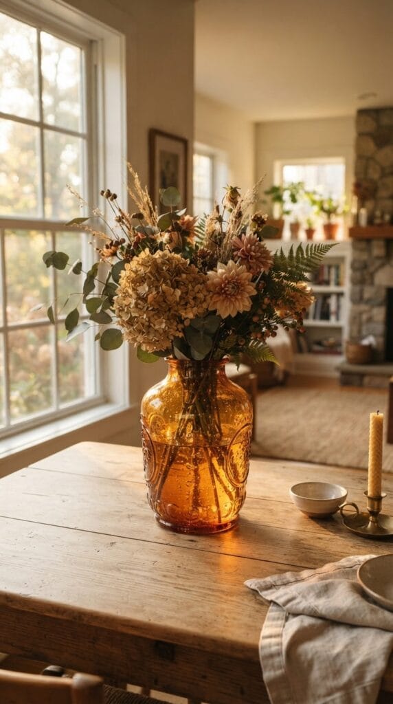 16 Fall Centerpiece Ideas for Your Dining Table 2 An amber glass vase reflecting warm natural light on a dining table.