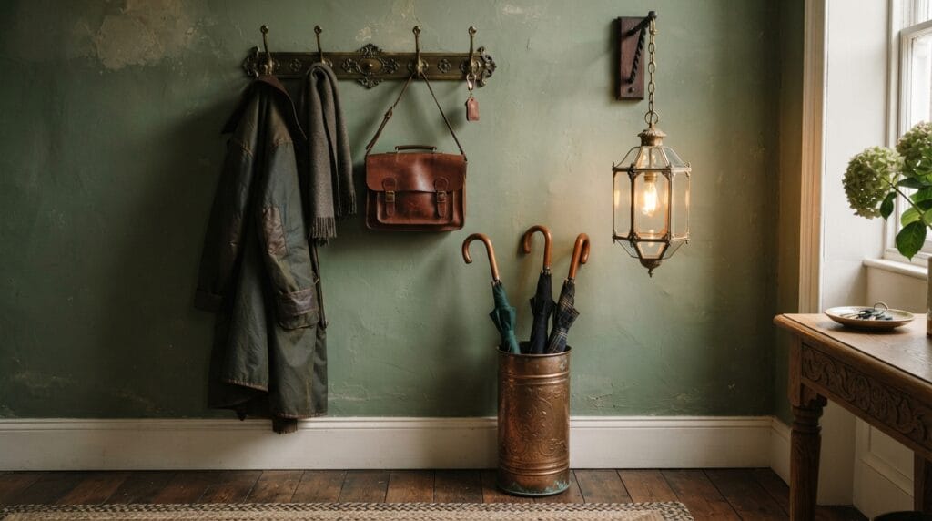 An entryway wall styled with vintage brass hardware and a glass lantern.