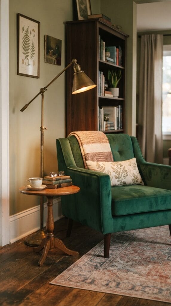 A brass pharmacy floor lamp casting soft light onto a velvet accent chair.