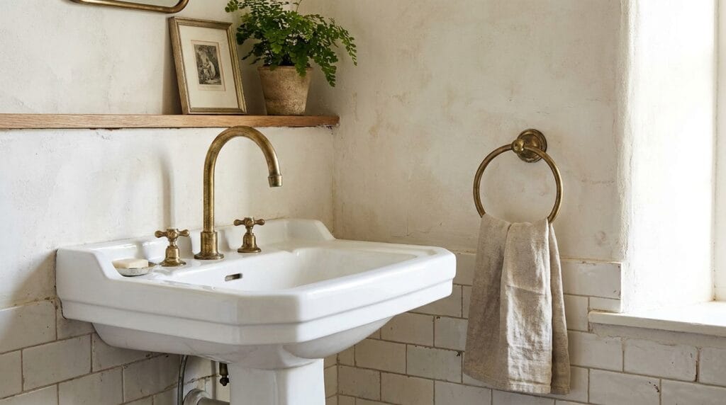 A white bathroom pedestal sink featuring a classic brass double-handle faucet.