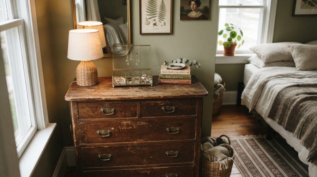 A vintage-inspired bedroom corner with a distressed wood dresser for storage.