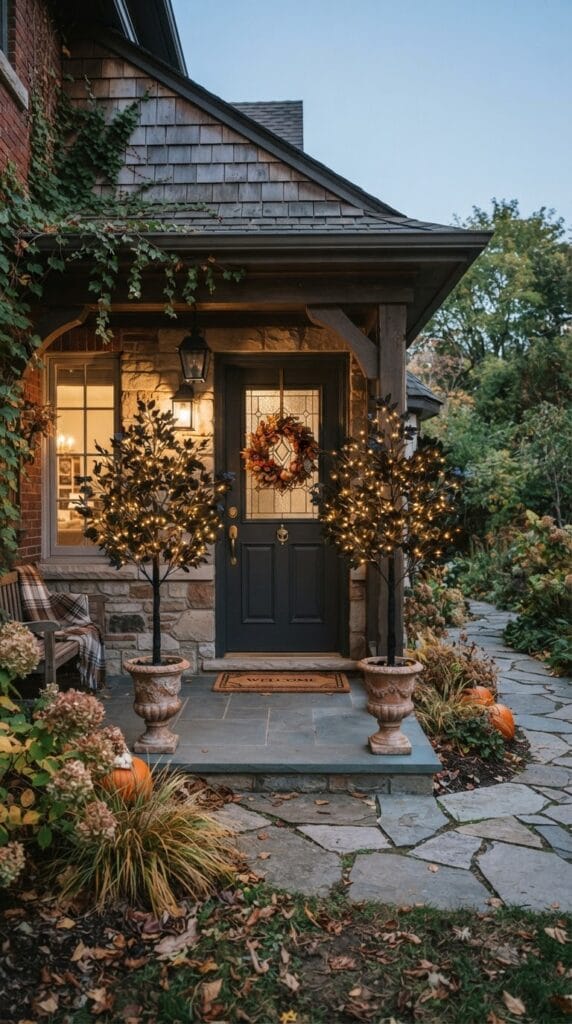 Two lit artificial black maple trees glowing warmly on a dark porch